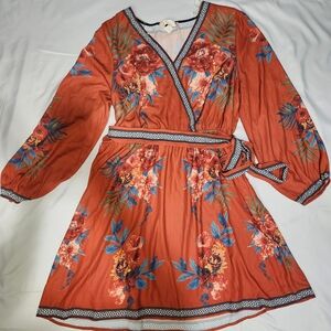 Flying Tomato Rust Floral Wrap Dress with Blue Accents